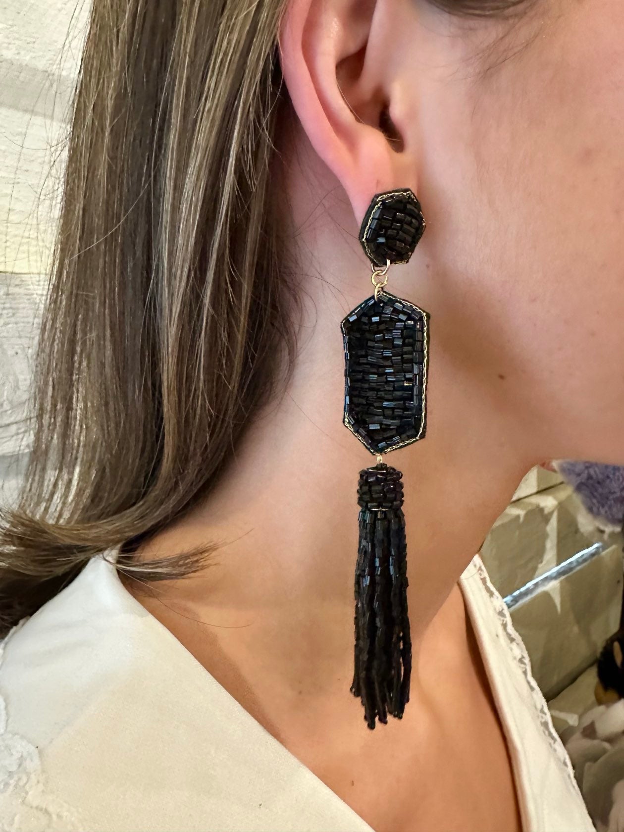 BEADED 2 HEXAGON & TASSEL EARRINGS