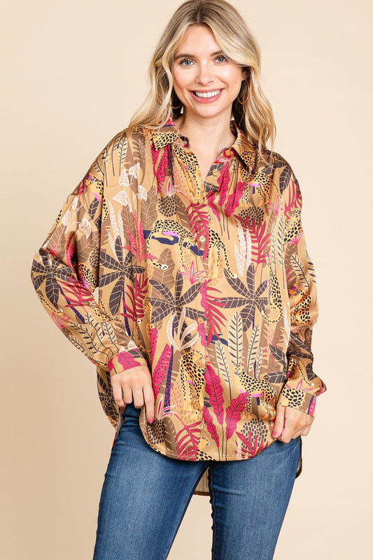LONG SLEEVE BUTTON UP ANIMAL PRINT BLOUSE