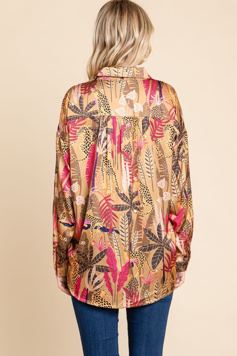 LONG SLEEVE BUTTON UP ANIMAL PRINT BLOUSE