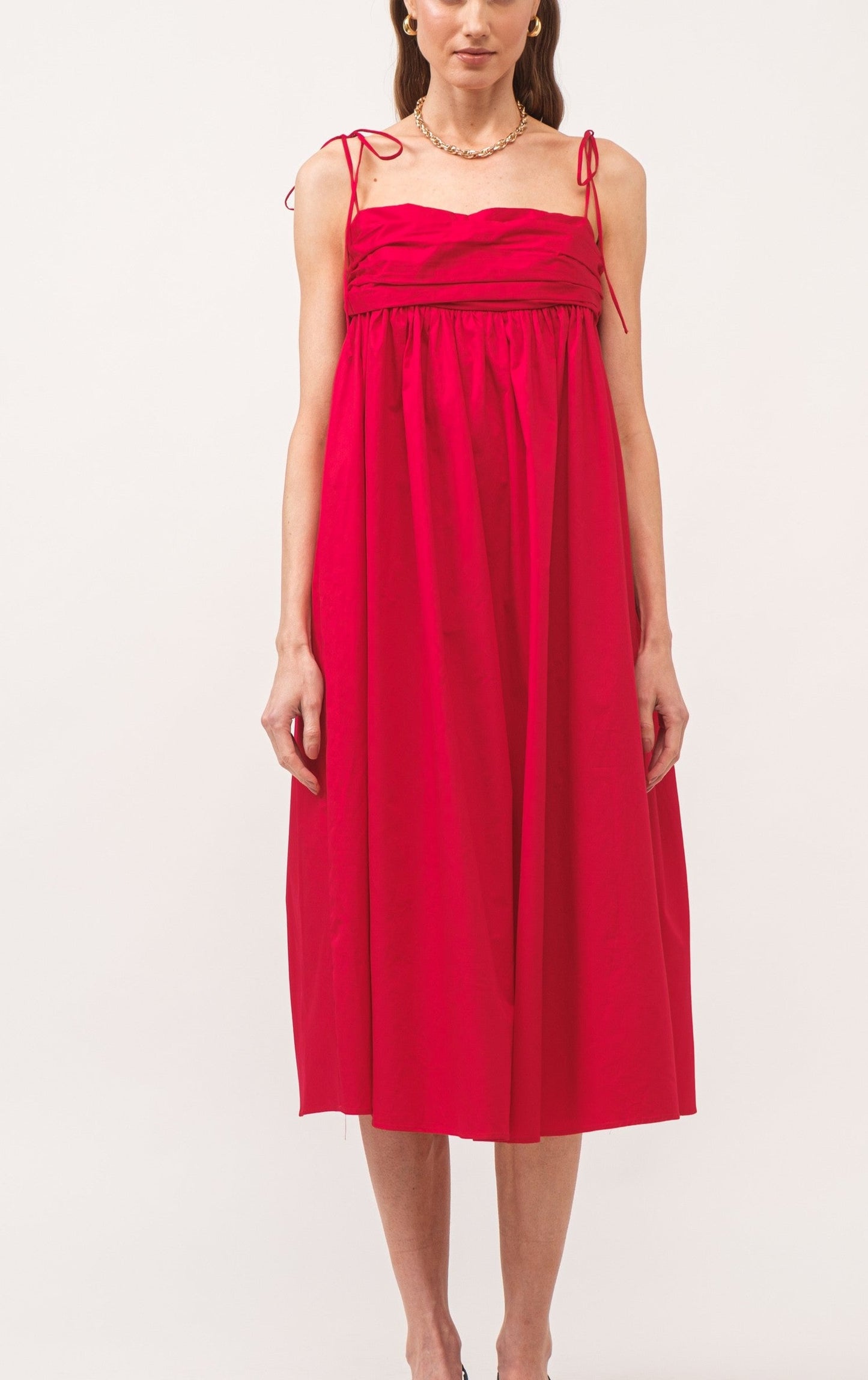RED STRAIGHT NECKLINE MIDI DRESS