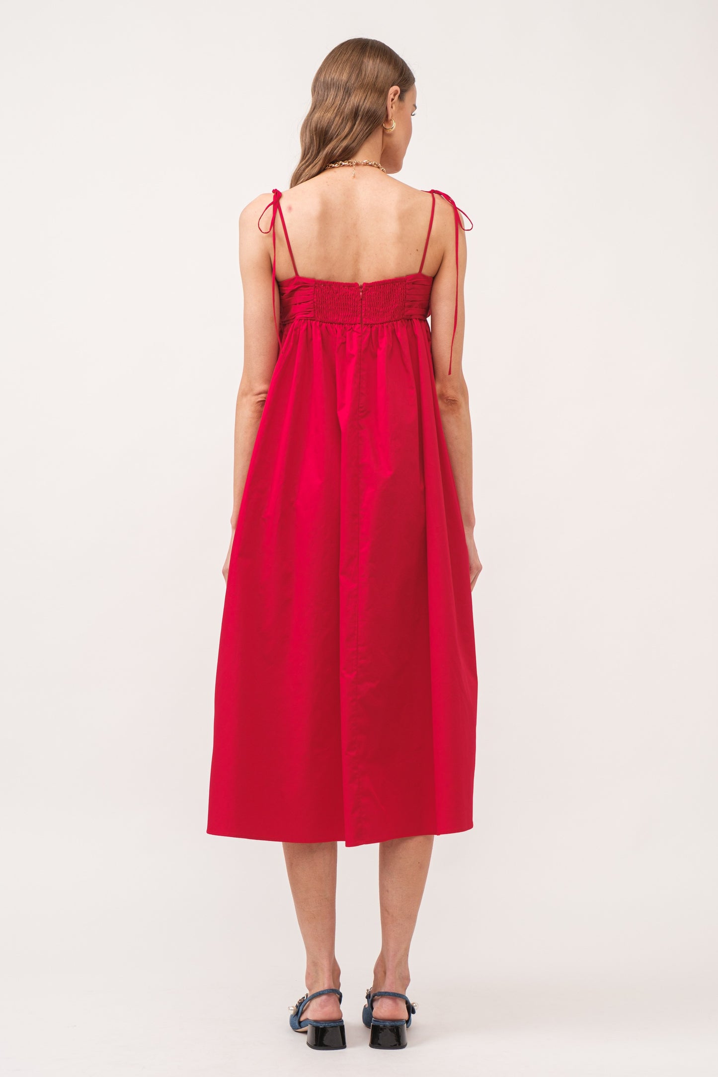 RED STRAIGHT NECKLINE MIDI DRESS