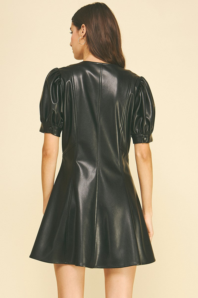 "FAUX LEATHER V-NECK MINI DRESS" by THML