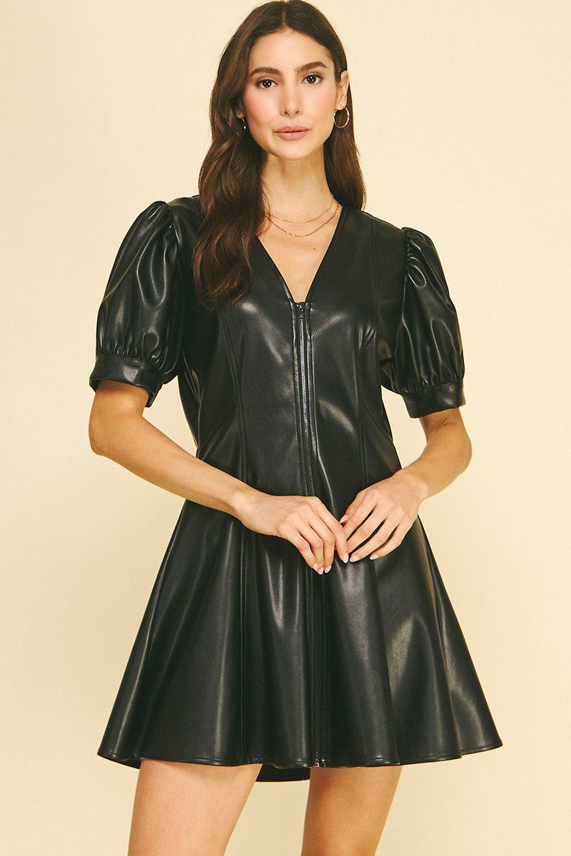 "FAUX LEATHER V-NECK MINI DRESS" by THML