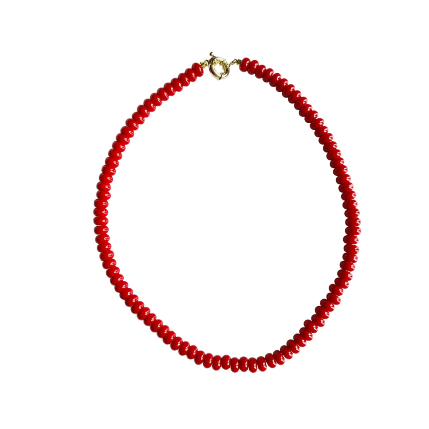 Red beaded necklace with a gold clasp on a white background