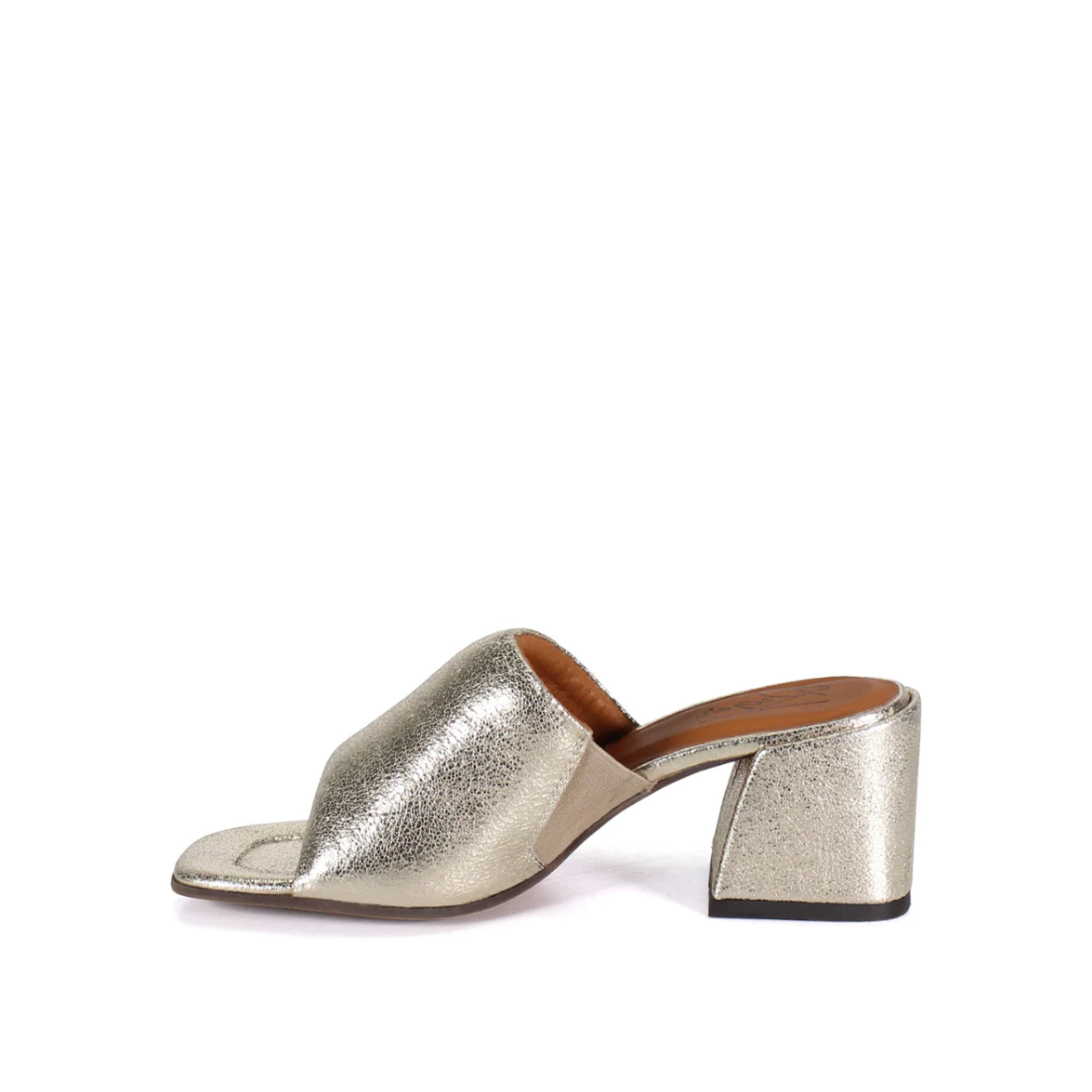 Gold metallic sandal with a wooden heel on a white background