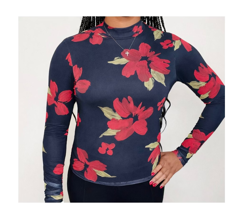 black long-sleeve shirt with red floral pattern worn by a person