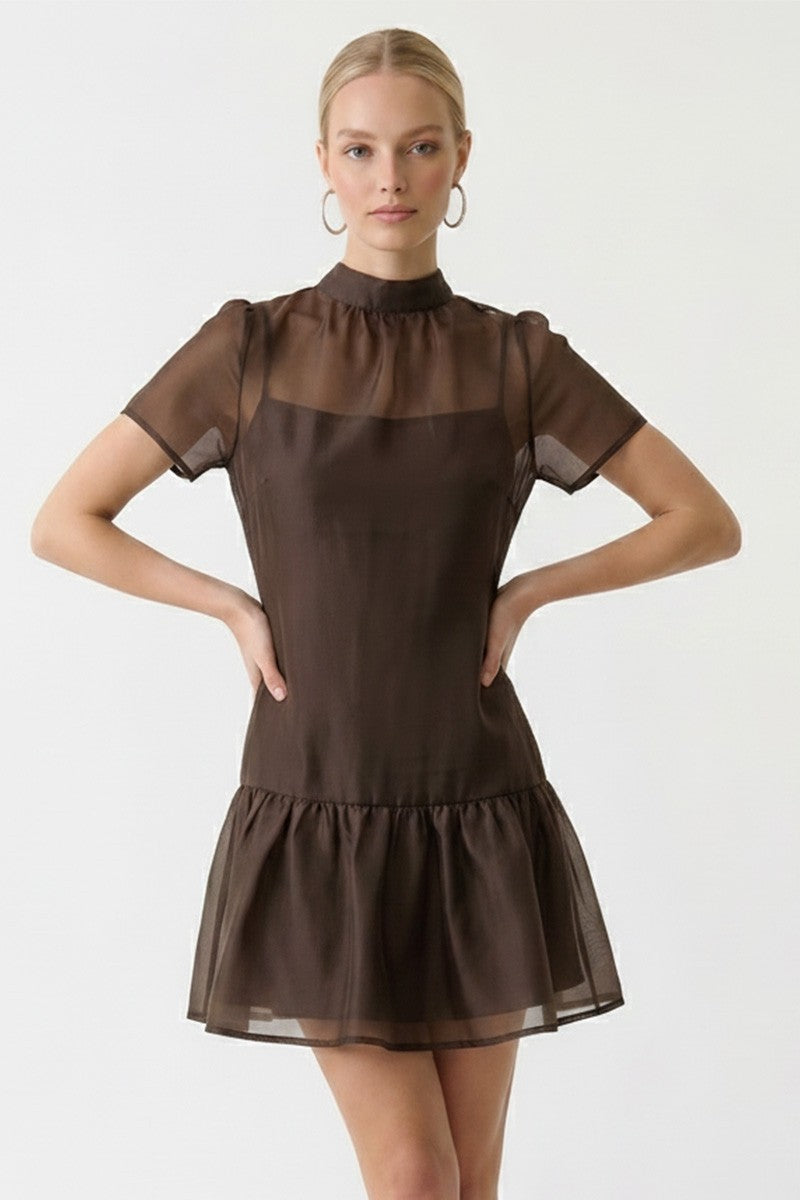 SOFT ORGANZA MOCK NECK MINI DRESS