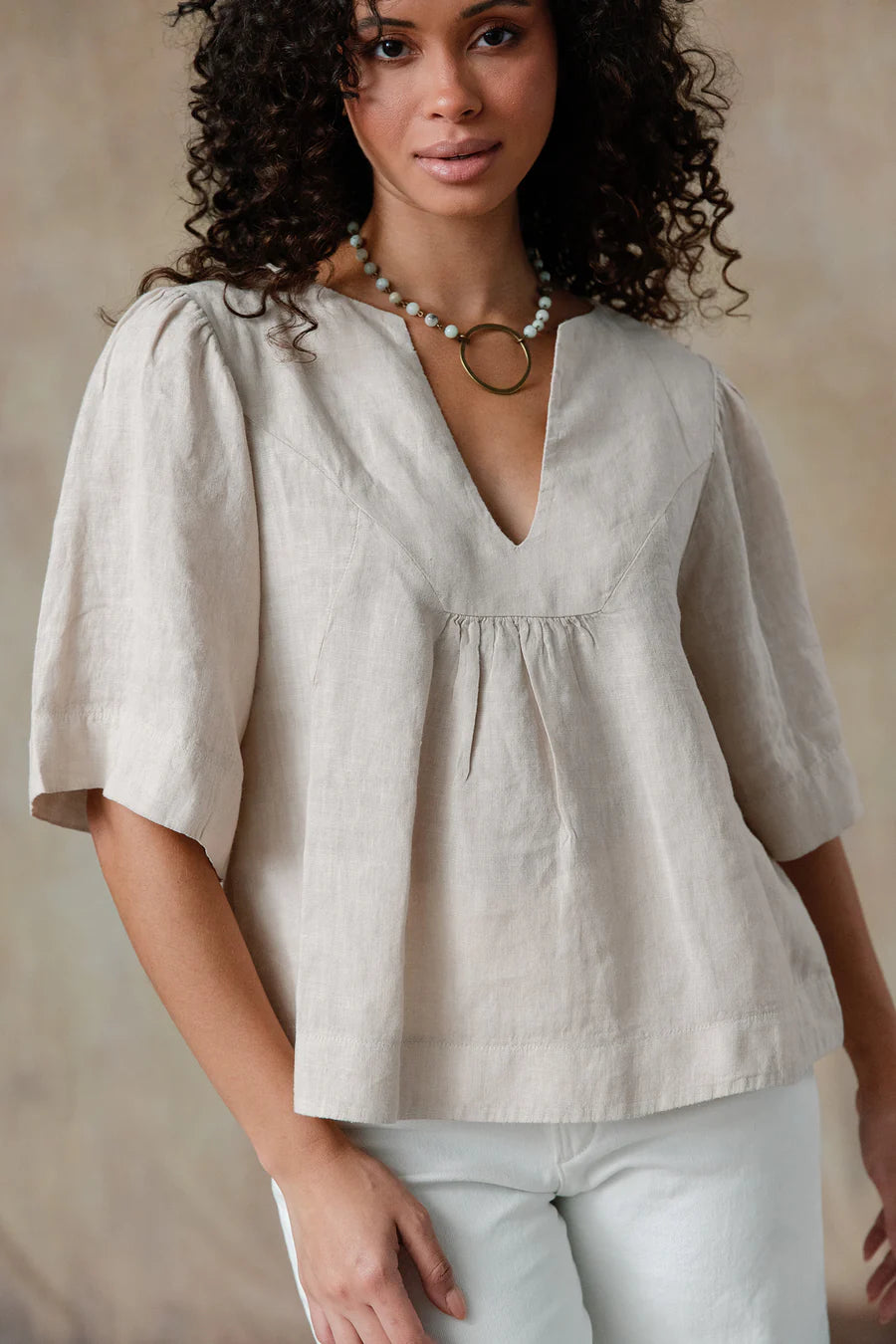 Cobblestone ARIANNA LINEN PUFF SLEEVE TOP