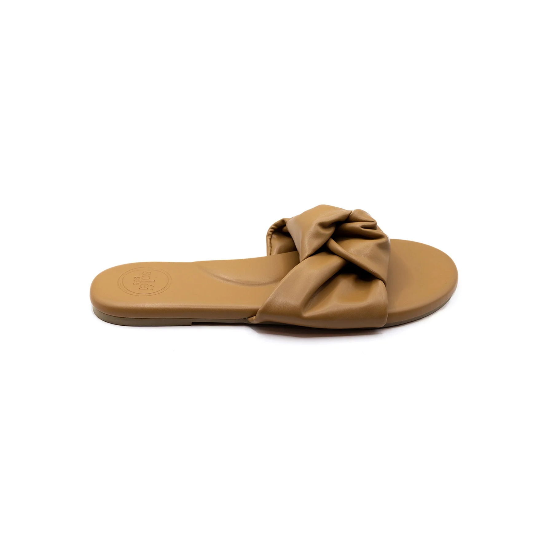 Tan sandal with a knotted design on a white background