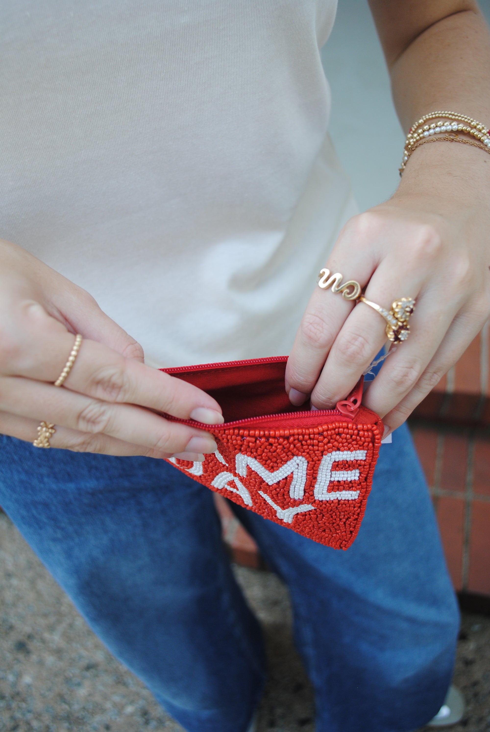 GAME DAY BEADED COIN POUCH white