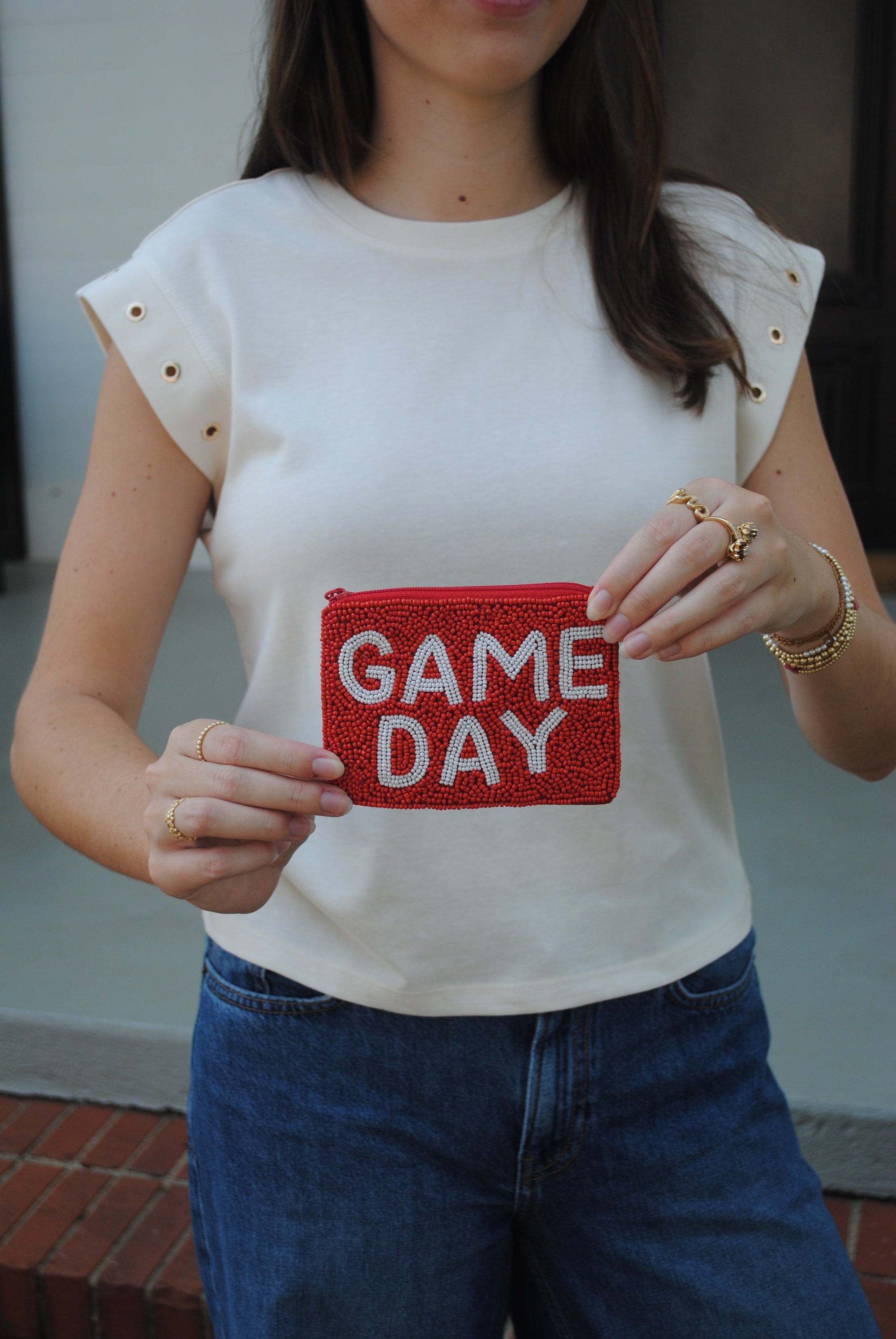 GAME DAY BEADED COIN POUCH white