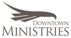Logo of Downtown Ministries with a stylized eagle and text on a white background