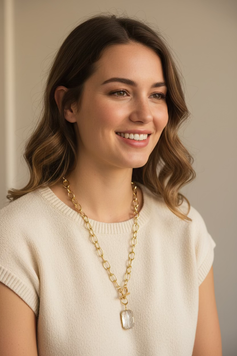 Gold chain with a clear crystal pendant hanging from a white surface.