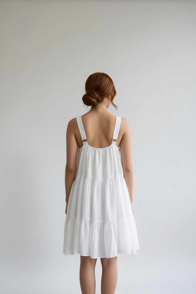 White tiered dress on a hanger with other clothing items in the background