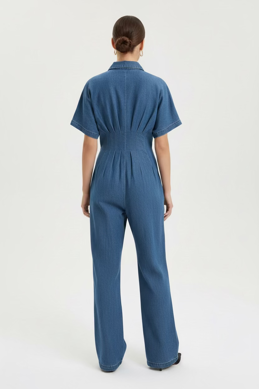 Person wearing a blue jumpsuit on a white background