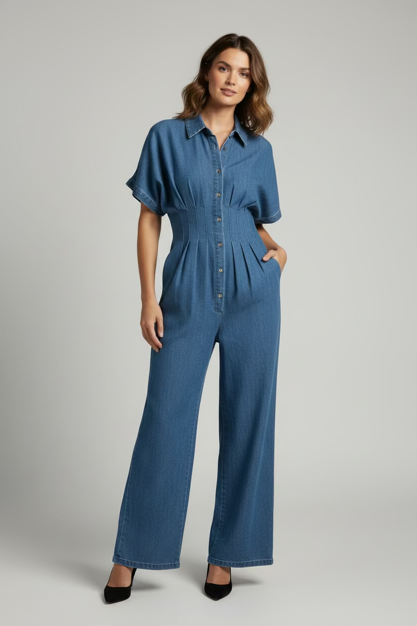 Blue denim dress hanging on a rack with other clothing items in a store setting.