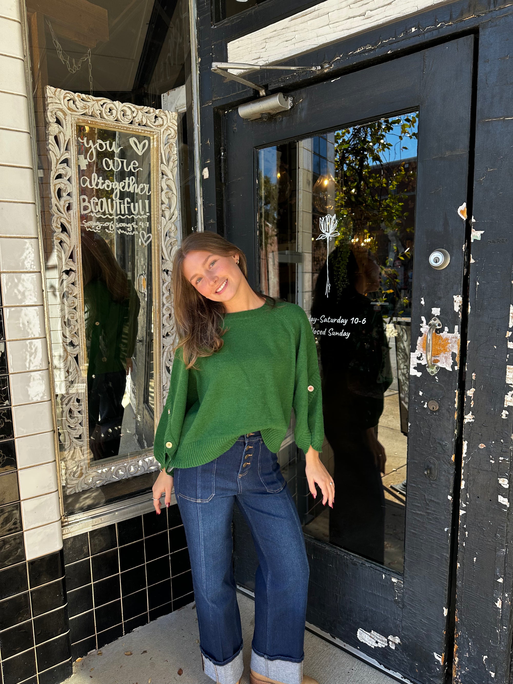 “EVERGREEN ELEGANCE” Button Sleeve Sweater
