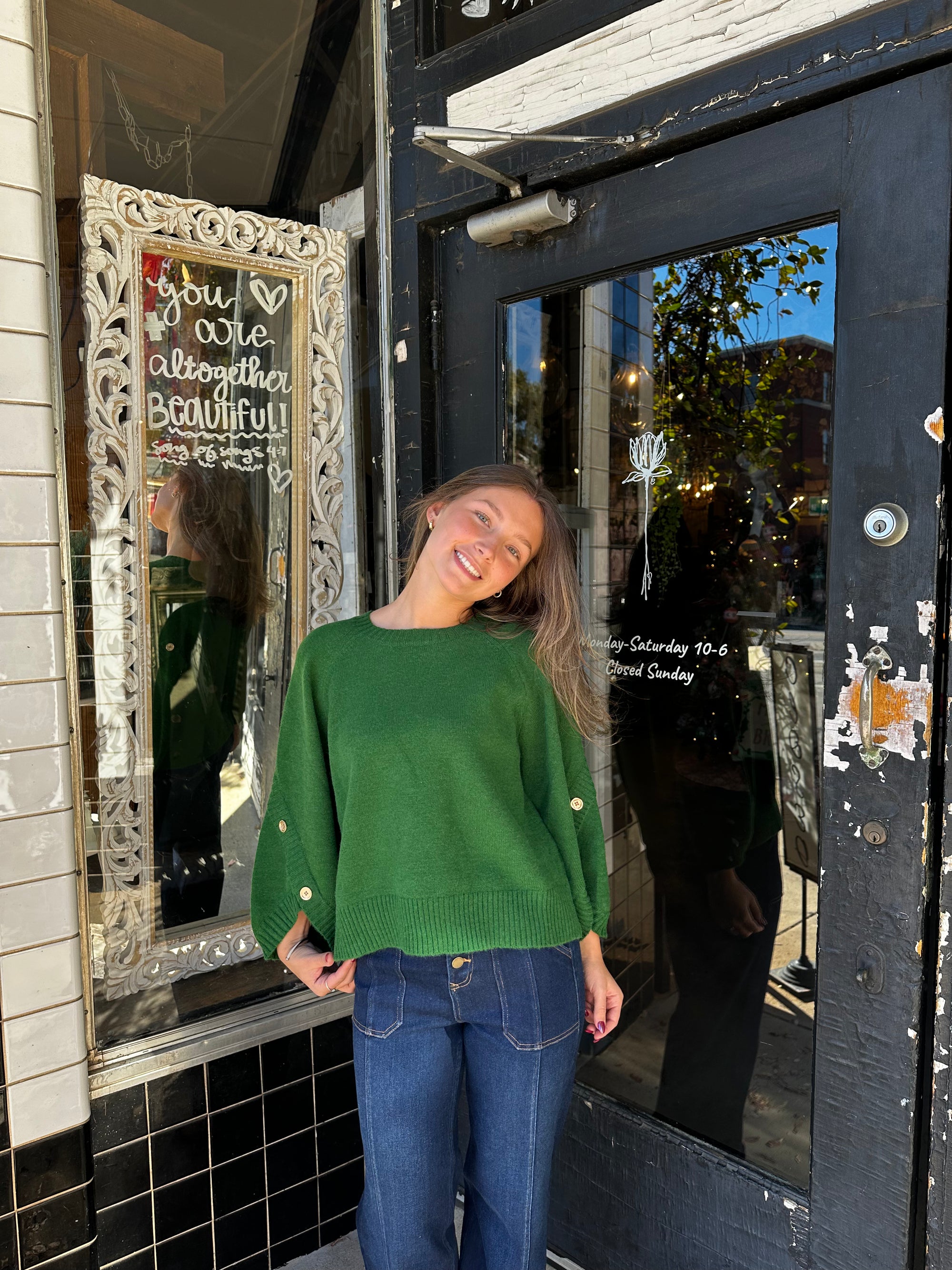 “EVERGREEN ELEGANCE” Button Sleeve Sweater