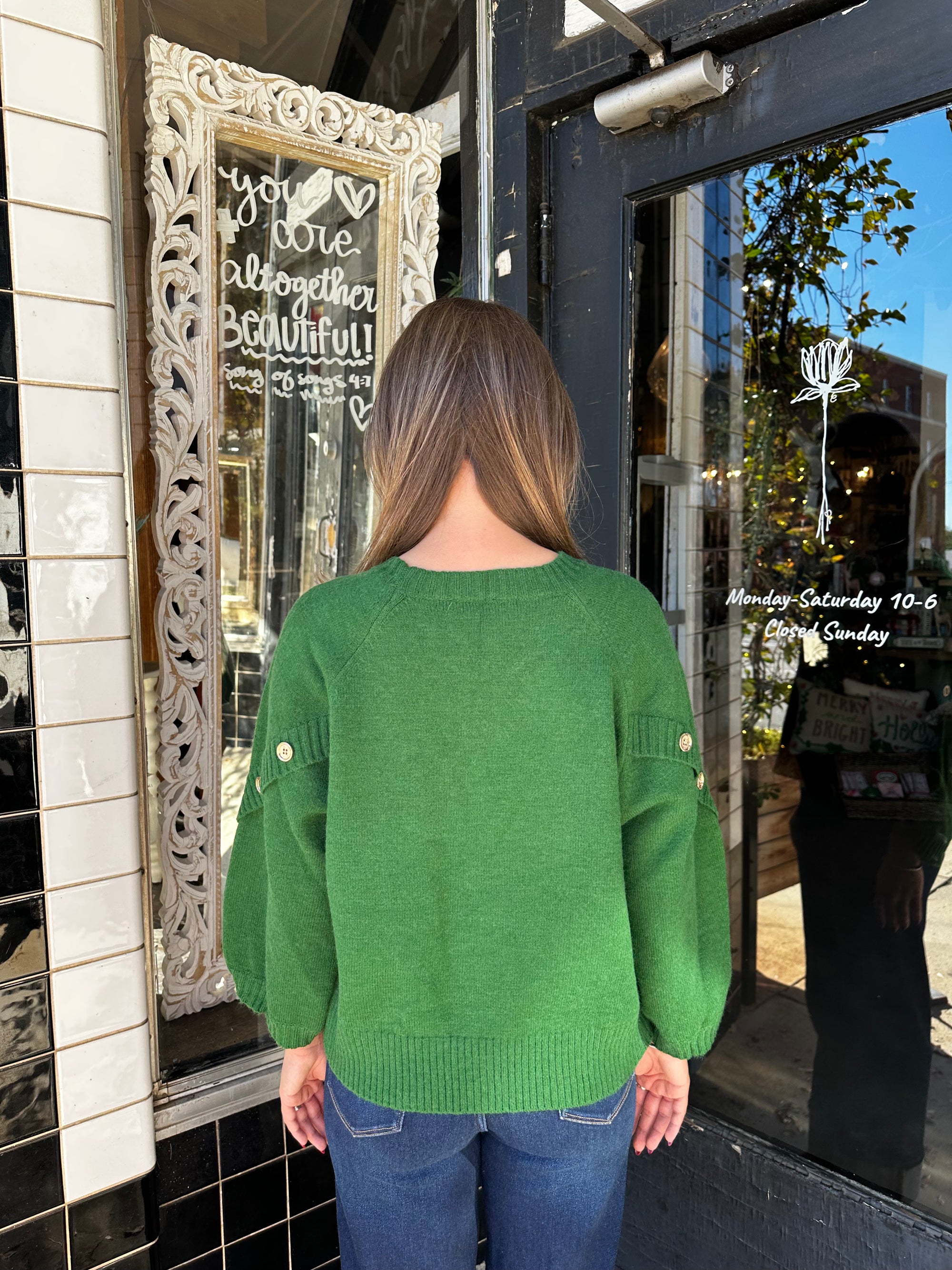“EVERGREEN ELEGANCE” Button Sleeve Sweater