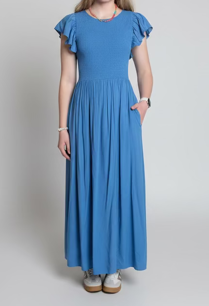 Woman in a blue maxi  dress
