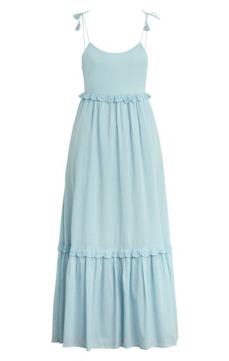 Light blue maxi dress with ruffled layers on a white background