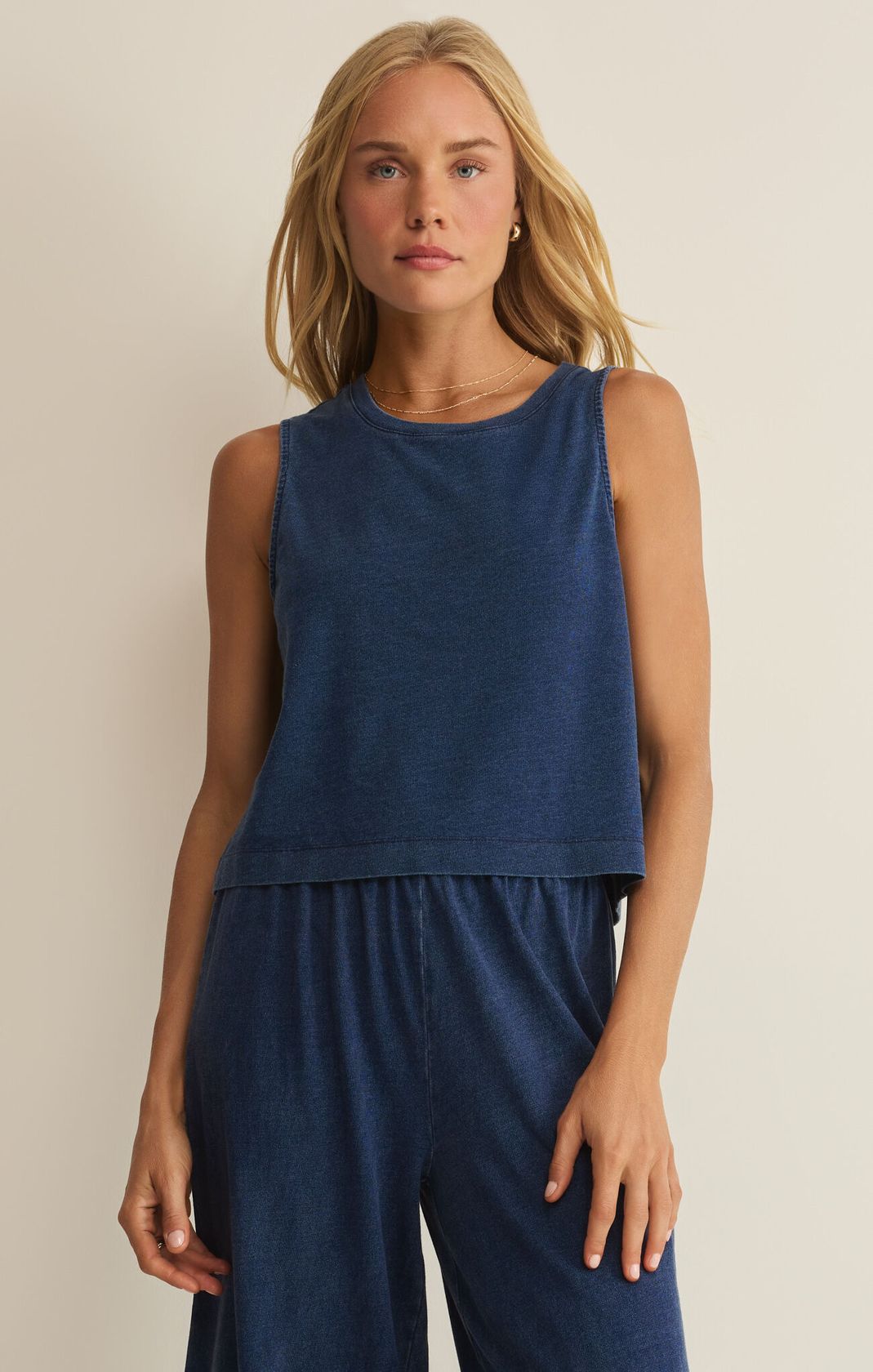 blue sleeveless top