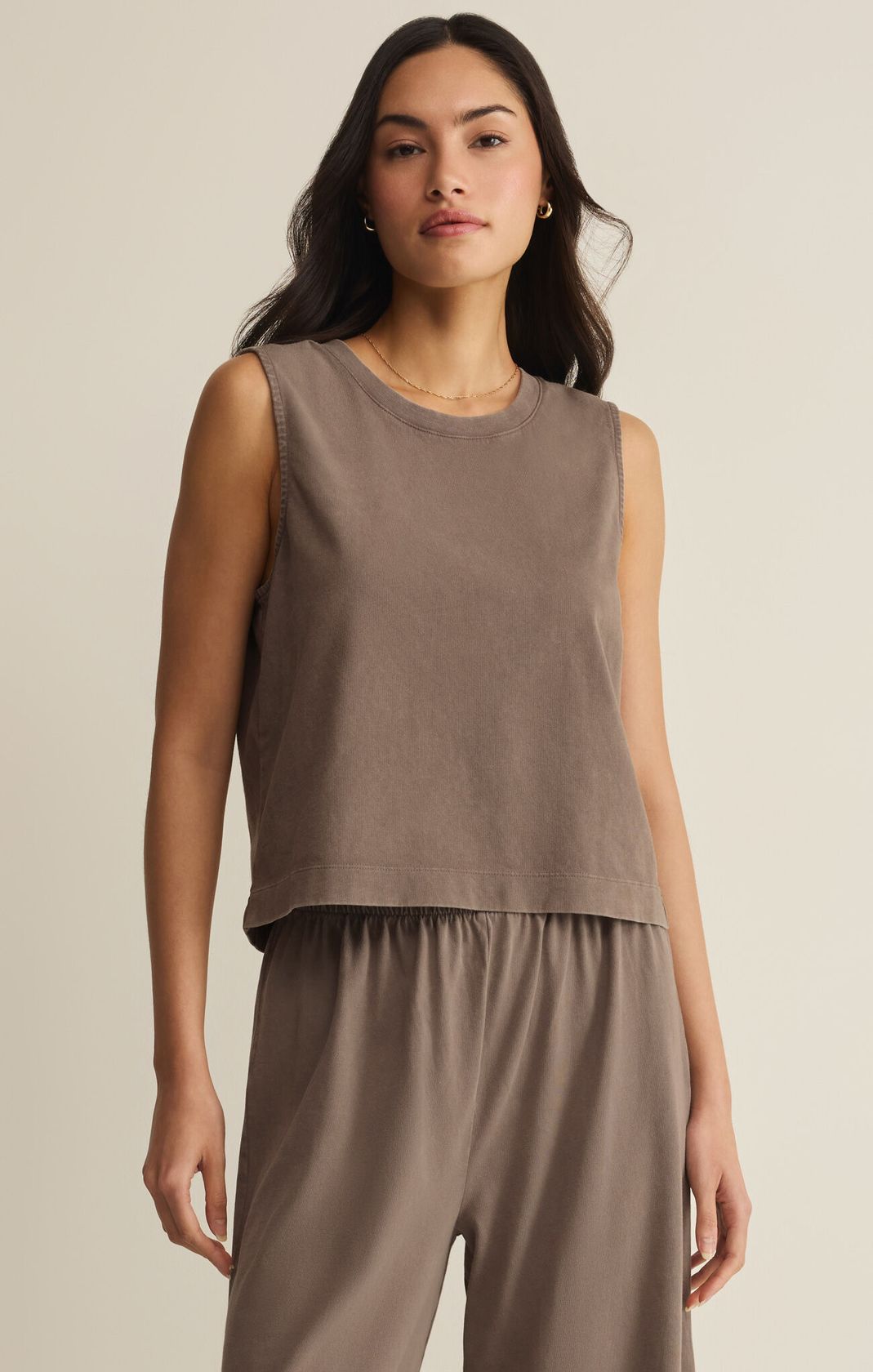 brown sleeveless top