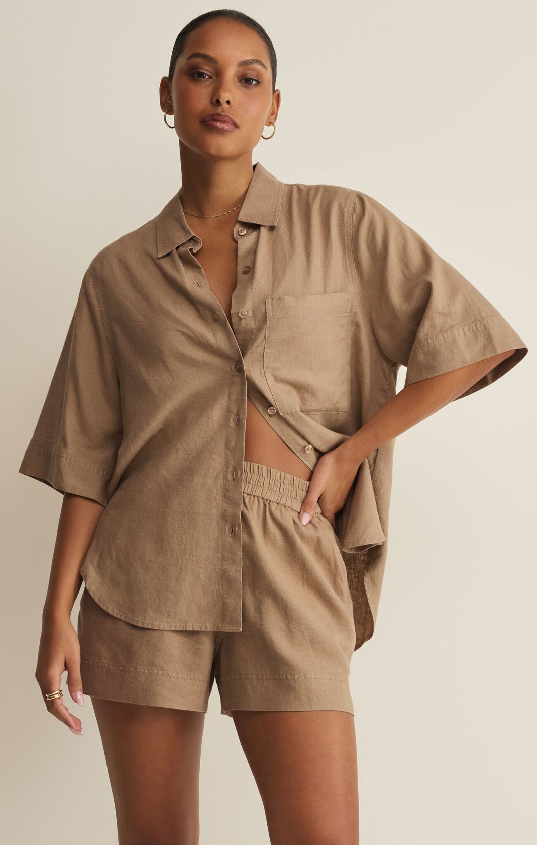 Brown button up linen shirt