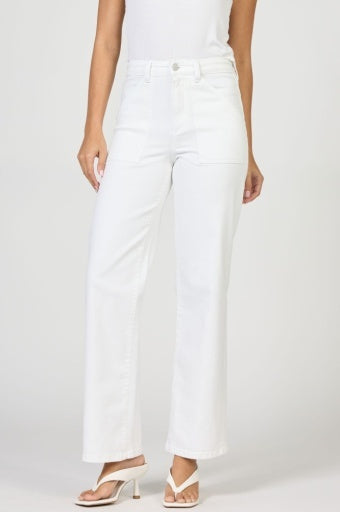 White wide-leg jeans worn by a person on a white background