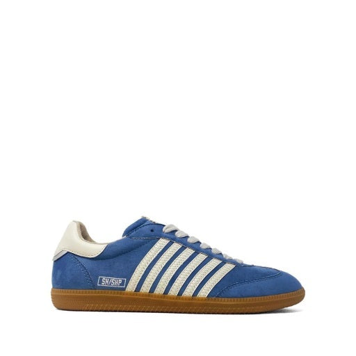 Blue sneaker with white stripes on a white background
