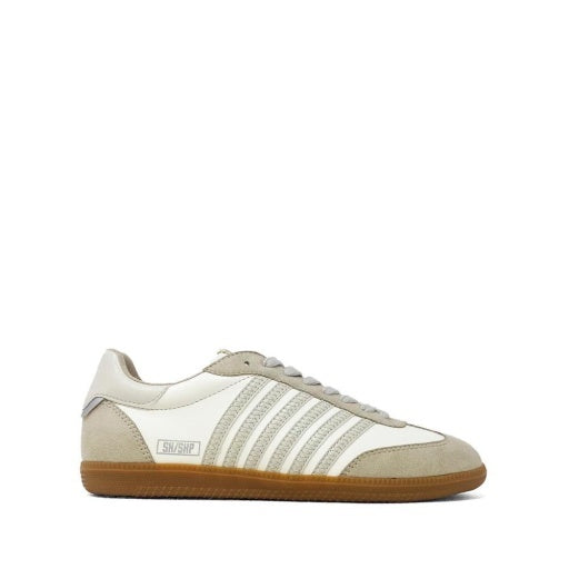 White sneaker with beige stripes on a white background
