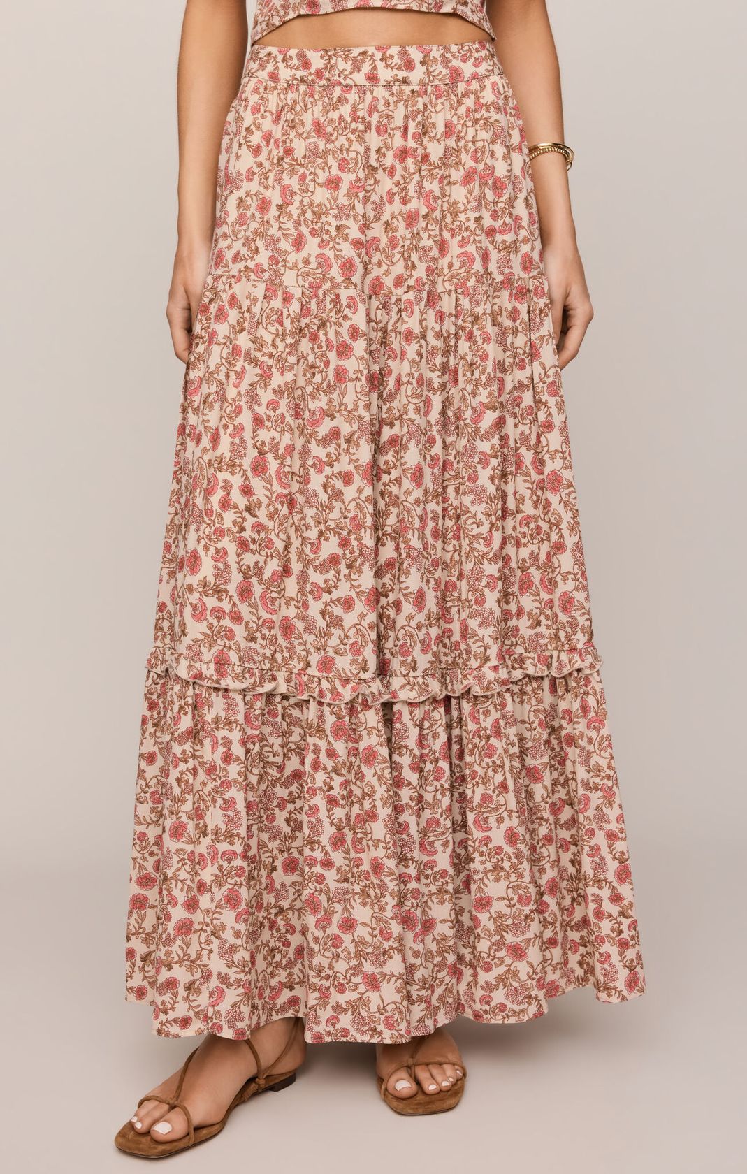 Long floral skirt with a neutral background