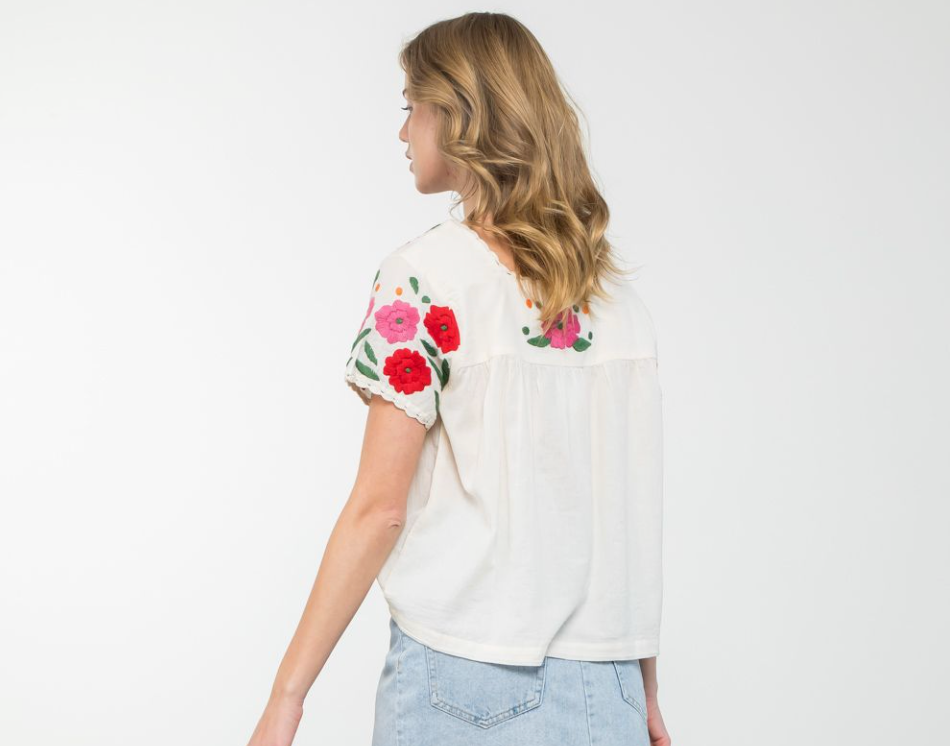 WHITE TOP WITH RED AND PINK FLORAL