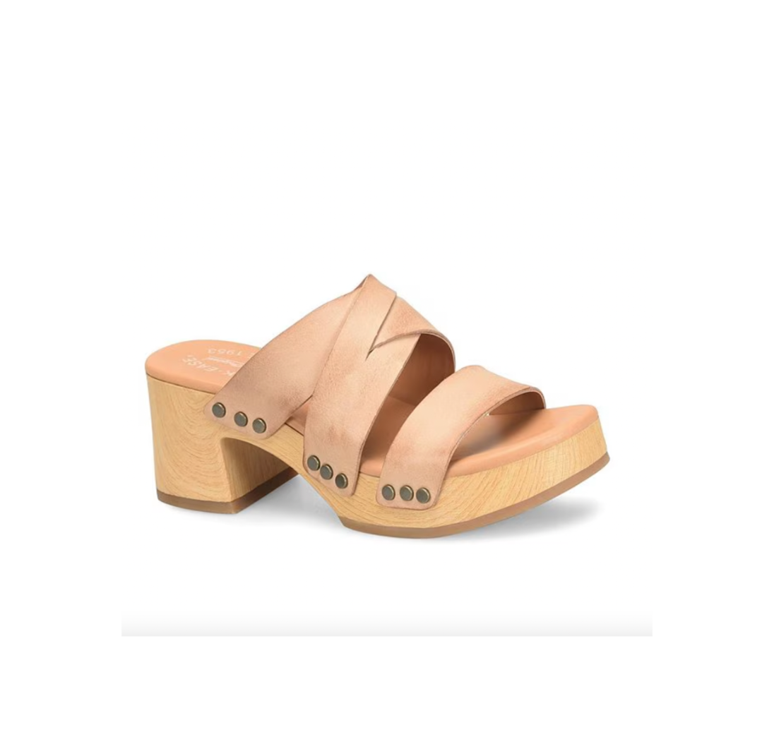 A pair of beige strappy leather block heel sandals with a wooden platform sole.