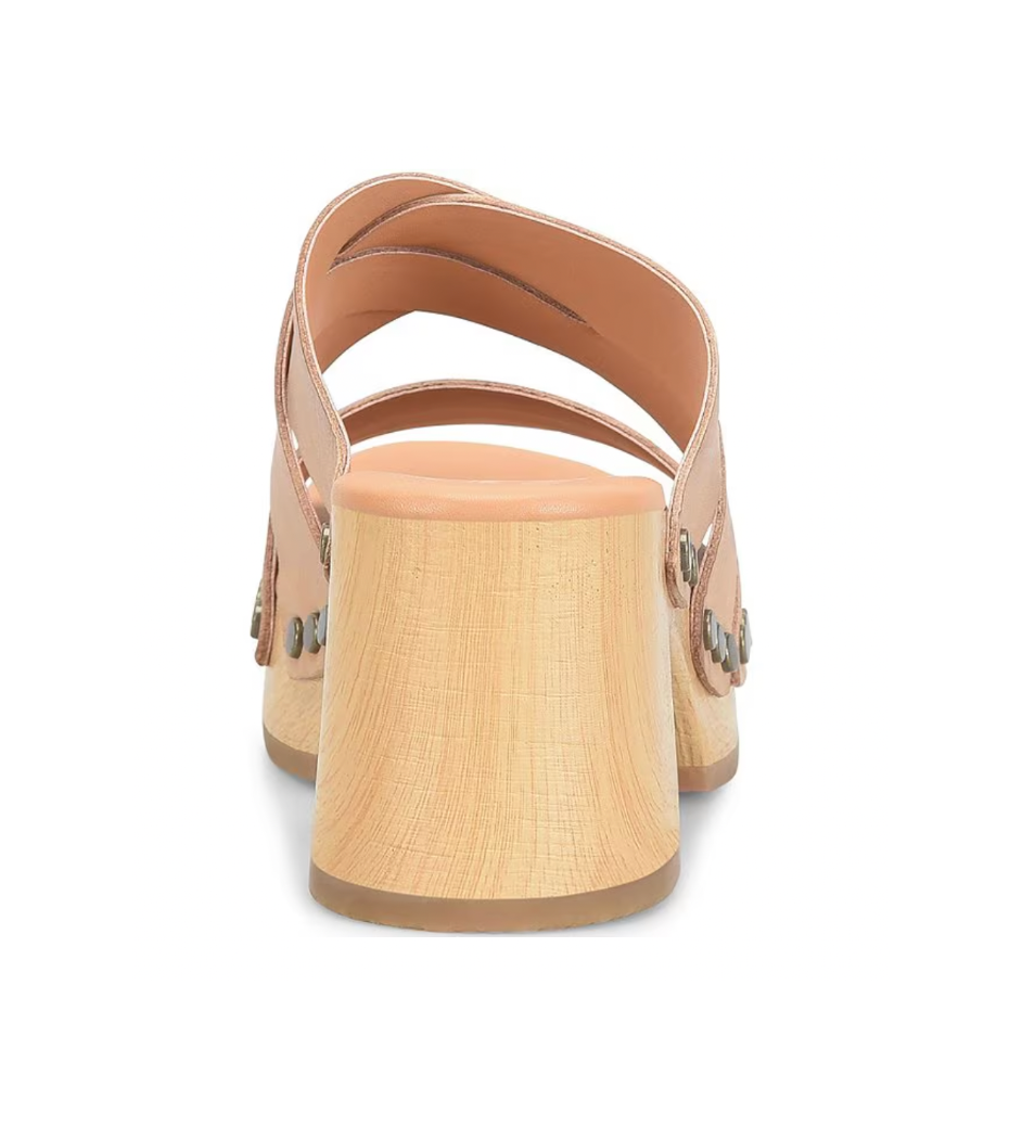 A pair of beige strappy leather block heel sandals with a wooden platform sole.