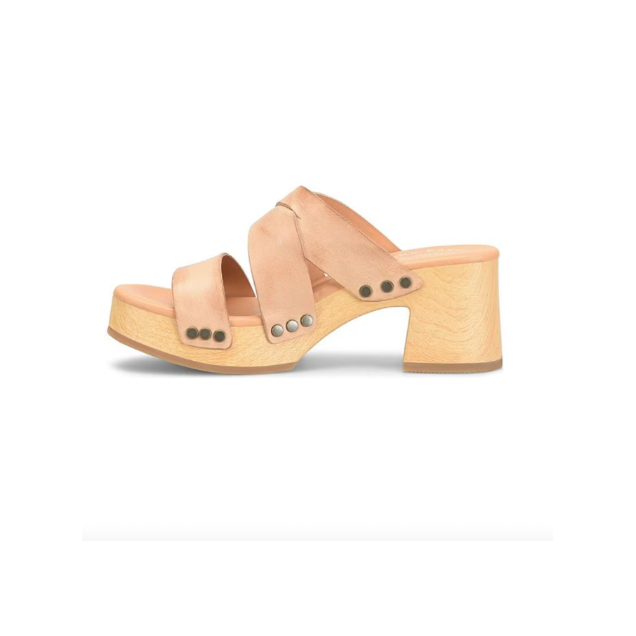 A pair of beige strappy leather block heel sandals with a wooden platform sole.