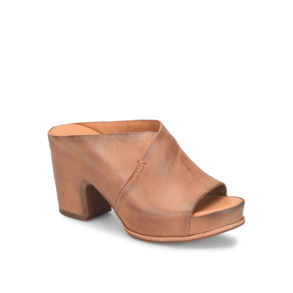 Brown open-toe shoe with block heel on a white background