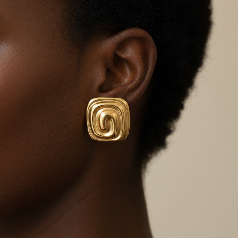 Gold spiral earring worn on an ear with dark hair in the background