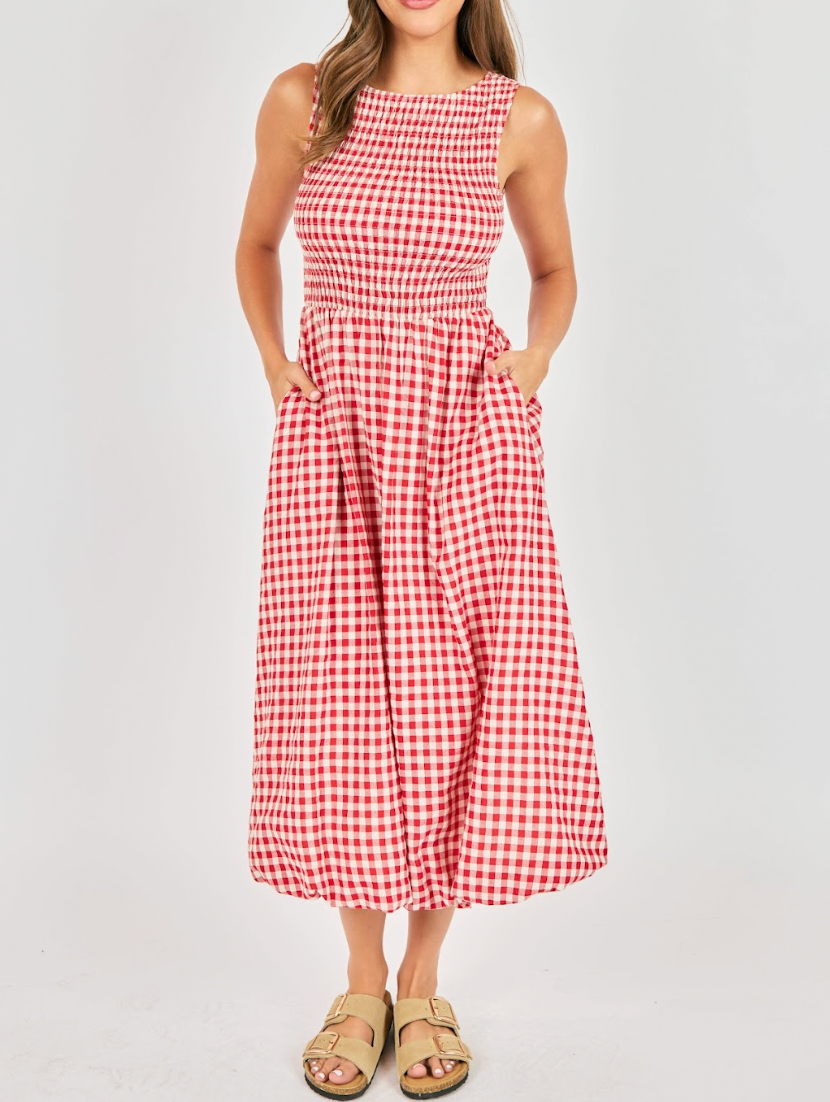 Red and white checkered fabric dress with  pockets short sleeve