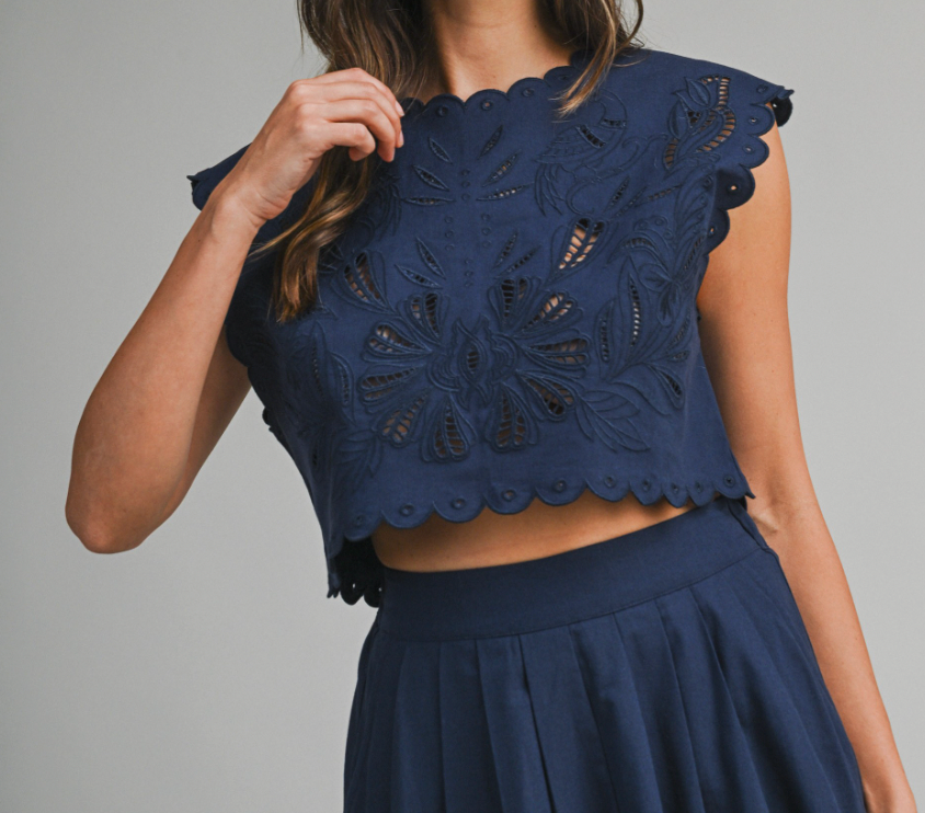 Matching Set. Navy blue top with intricate lace detailing on a plain background