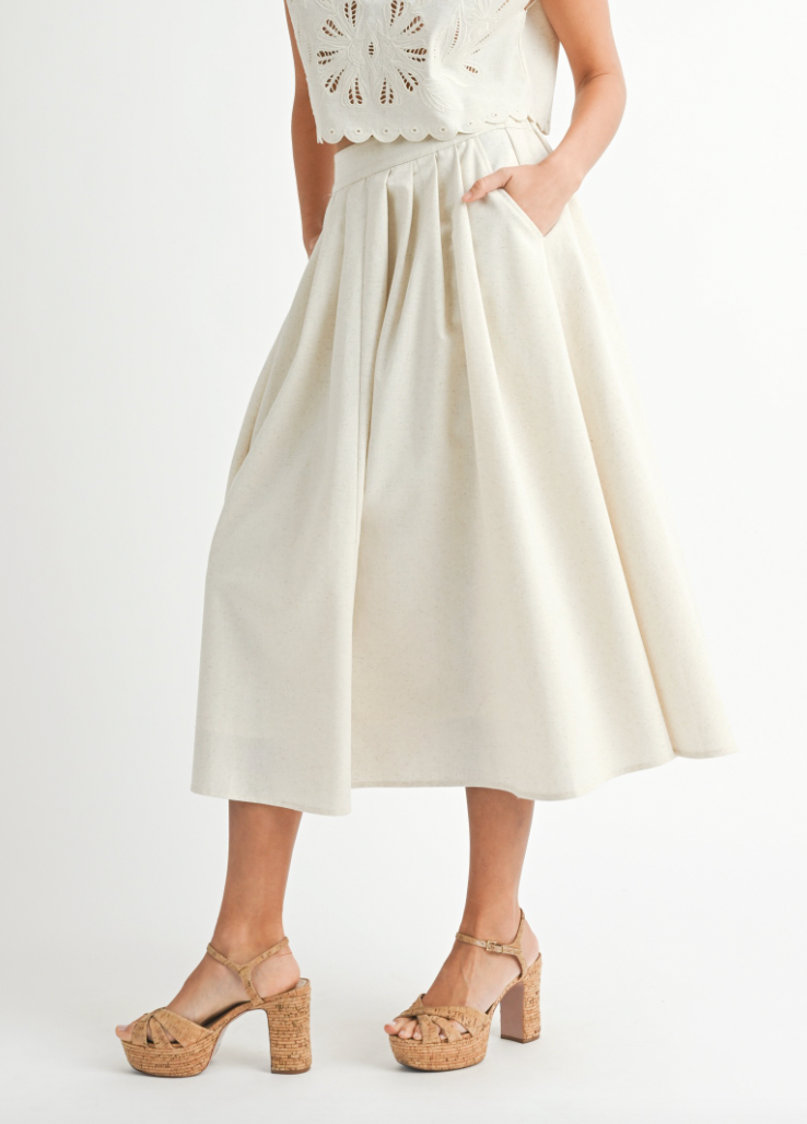 white, oatmeal, cream skirt. pleated. matching set. midi.
