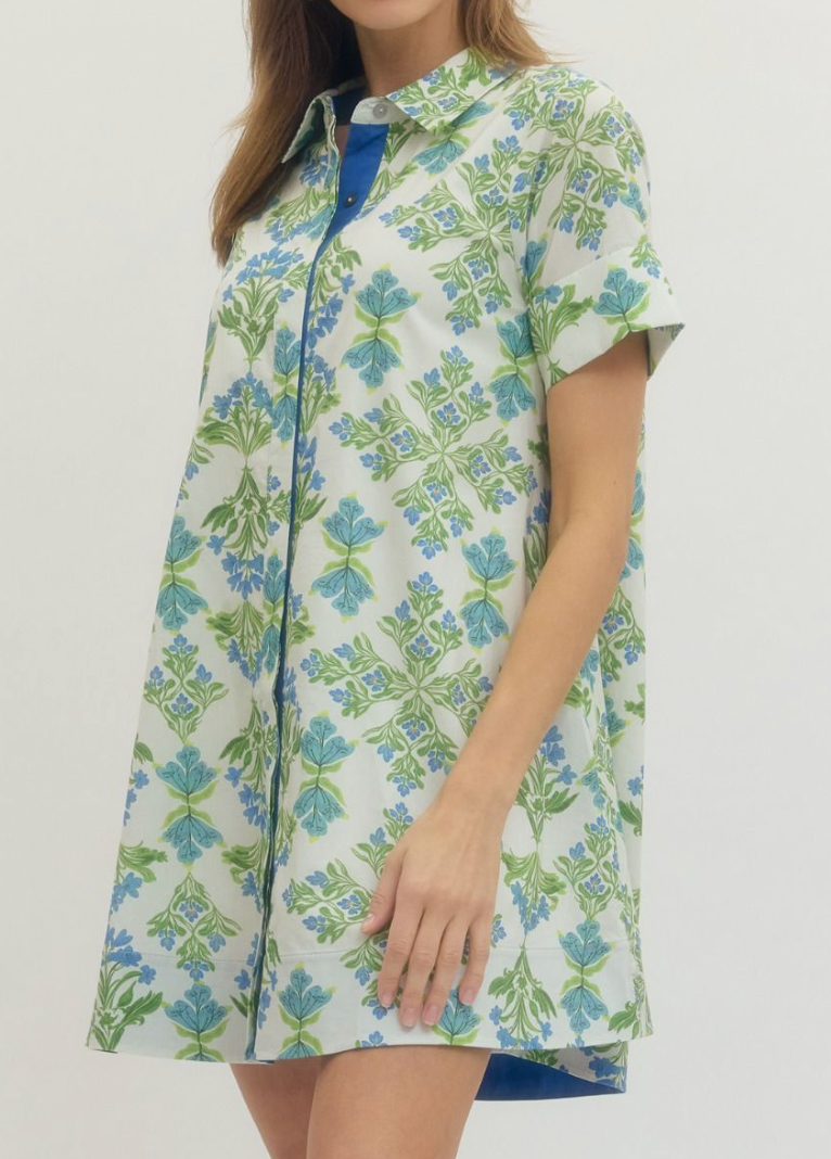 floral patterned dress. green and blue pattern. spring and summer. mini dress. button up.