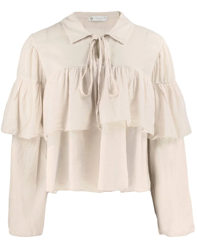 Beige blouse with ruffled sleeves and a tie neckline on a white background