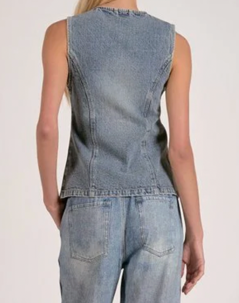 Denim sleeveless top and pants on a plain background