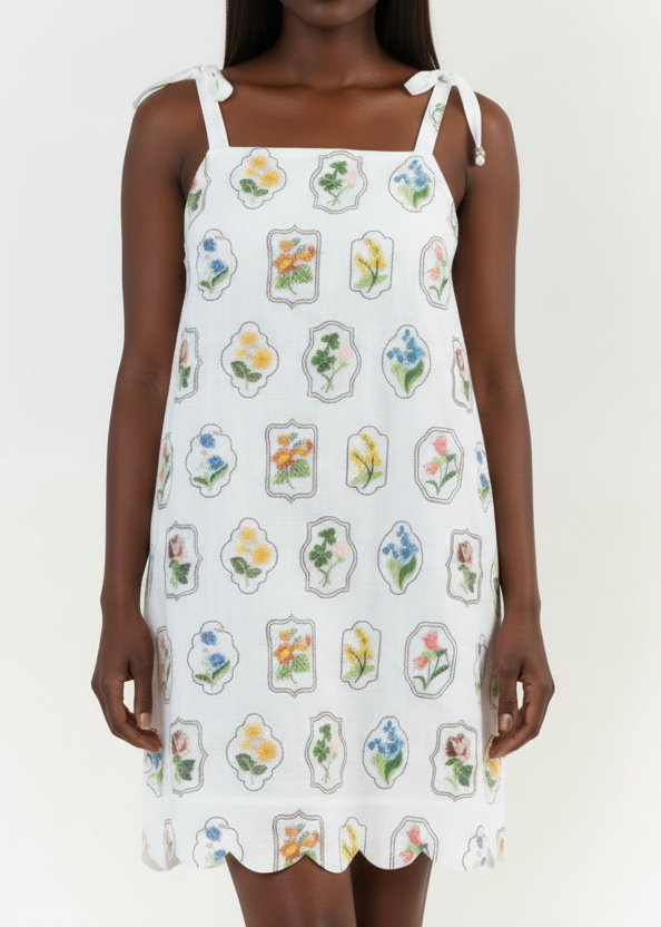 Woman wearing a white dress with colorful floral patterns on a plain background