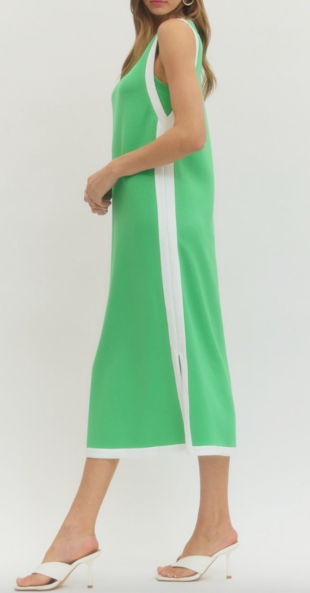 Green dress with a white stripe on a white background