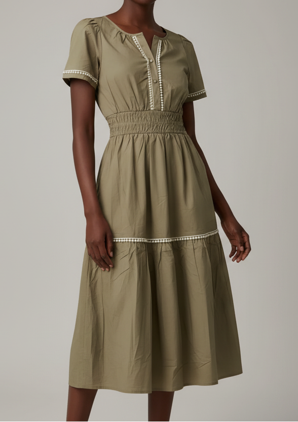 Woman wearing a green dress with white trim on a plain background