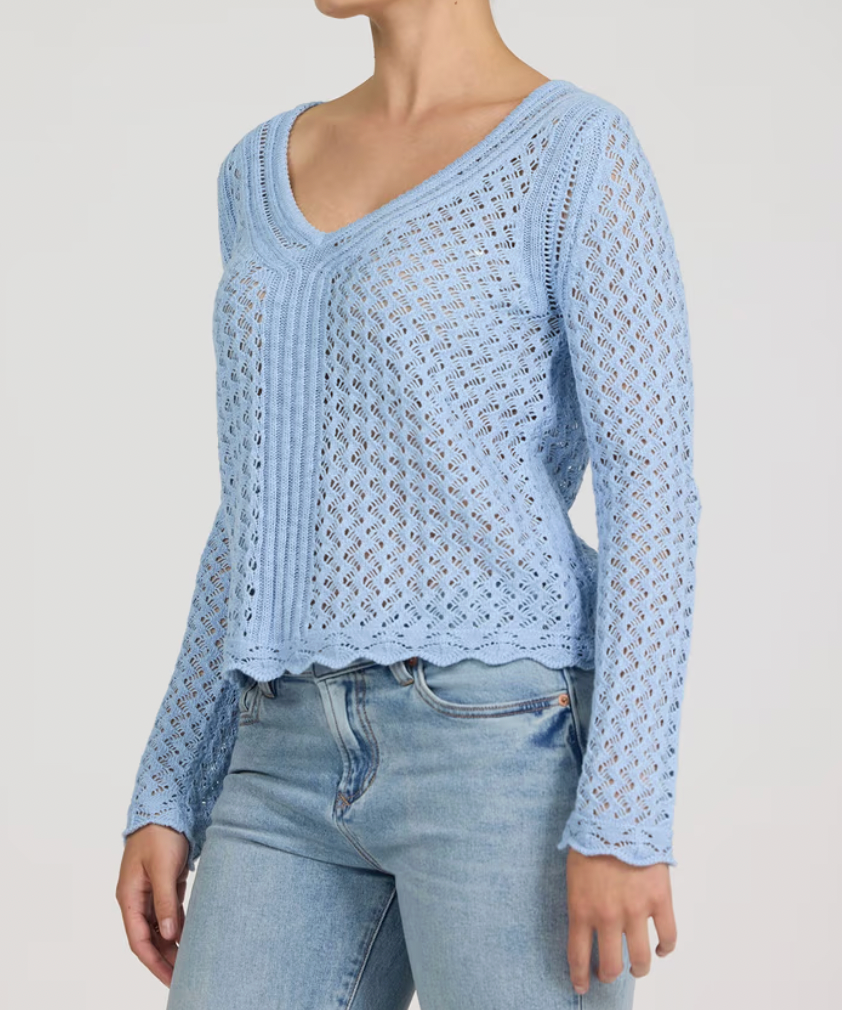 Light blue crochet top worn by a person on a plain background