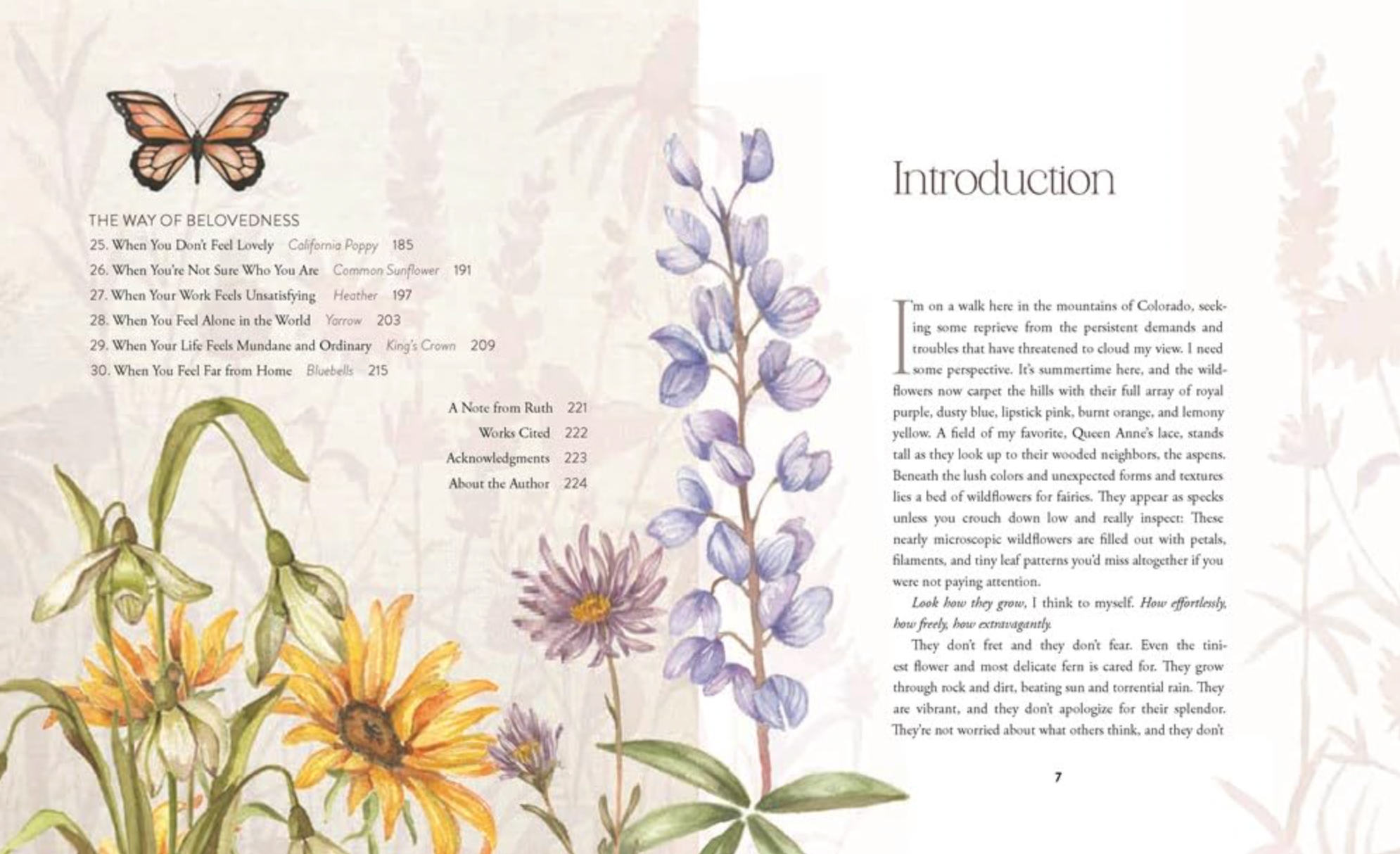 Book interior with illustrations of flowers and a butterfly, accompanied by text.