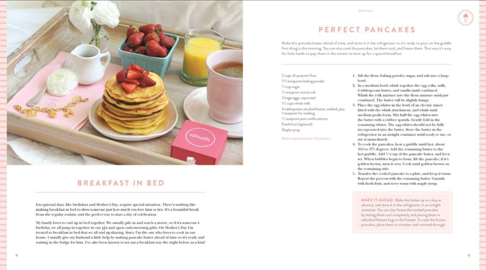 Page from a magazine or book featuring pancakes with strawberries, a cup of tea, and a tray setup on a pink background.